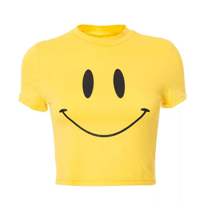 Cute Yellow Happy Smile Face Cartoon Print Short Sleeve Shirt Crop Top Summer Aesthetic Casual E-Girl Kawaii Korean Japanese Harajuku