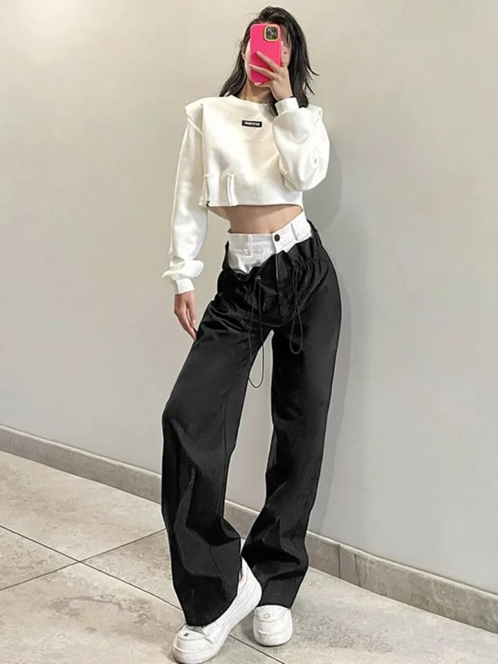 Patchwork High Waist Wide Leg Cargo Pants