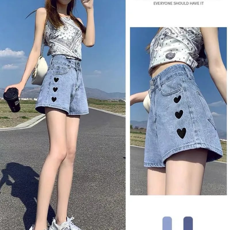 Heart Embroidery Denim Shorts