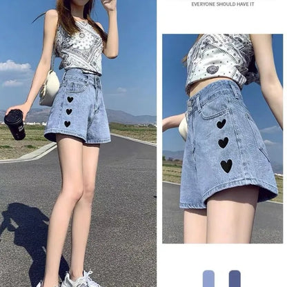 Heart Embroidery Denim Shorts