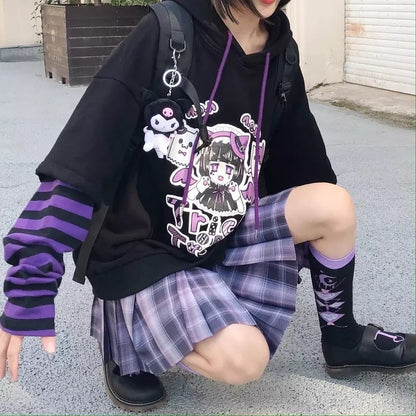 Anime Girl Cartoon Casual Stripe Loose Oversized Hoodie Sweater Sweatshirt Long Sleeve Pullover E-Girl Kawaii Korean Japanese Harajuku Streetwear