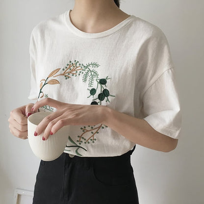 Cute Flower Plant Print Embroidery Shirt T-shirt Tee Top Kawaii Korean Japanese Harajuku Chinese Retro Streetwear Aesthetic Fashion