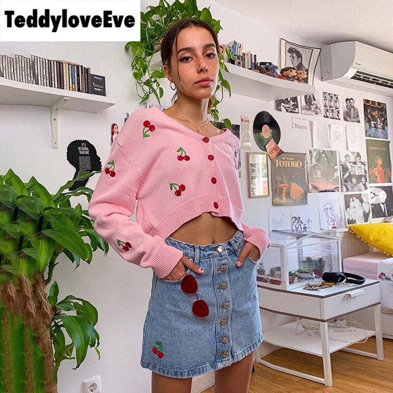 Cute Sweet Cherry Embroidery V Neck Knit Vest Long Sleeve Cardigan Crop Top Sweater Sweatshirt Pullover Jumper E-Girl Kawaii Korean Japanese Harajuku