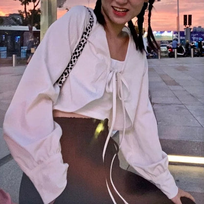 Cute Sweet White Lace Up Loose Cropped Long Sleeve Shirt Cardigan Pullover Aesthetic Casual Summer E-Girl Kawaii Korean Japanese Harajuku