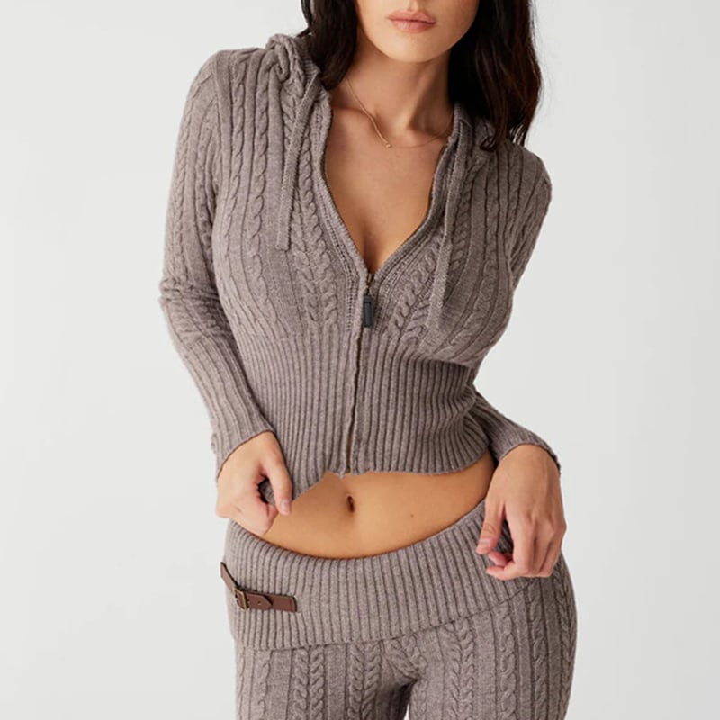 2PCS Twist Knit Hooded Zipper Sweater + Shorts