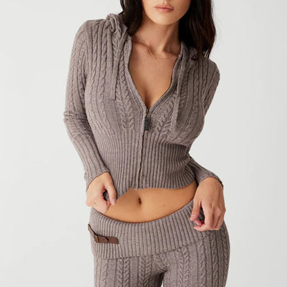 2PCS Twist Knit Hooded Zipper Sweater + Shorts