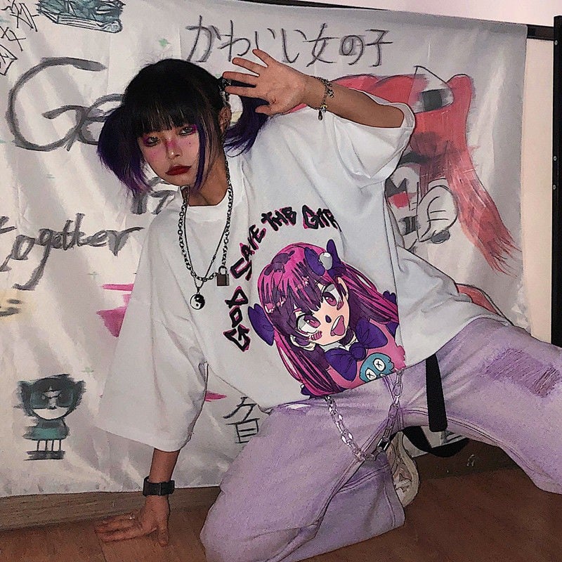 Cute Girl Graffiti Graphic Art Print Punk Baggy Hip Hop Oversized Long Sleeve Tee Shirt T-shirt Top E-Girl Kawaii Korean Japanese Harajuku Streetwear