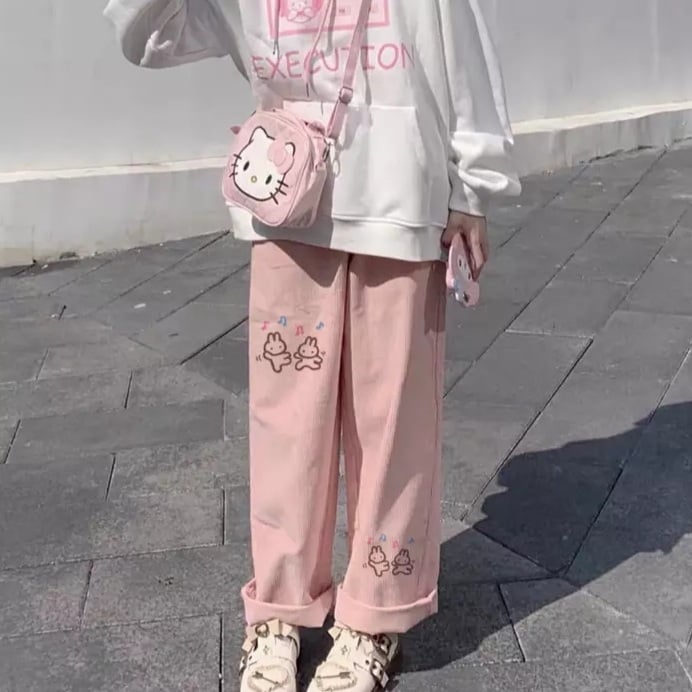 Cute Sweet Pink Bunny Cartoon Print Baggy Corduroy High Waisted Pants Trousers Aesthetic Casual Summer E-Girl Kawaii Korean Japanese Harajuku