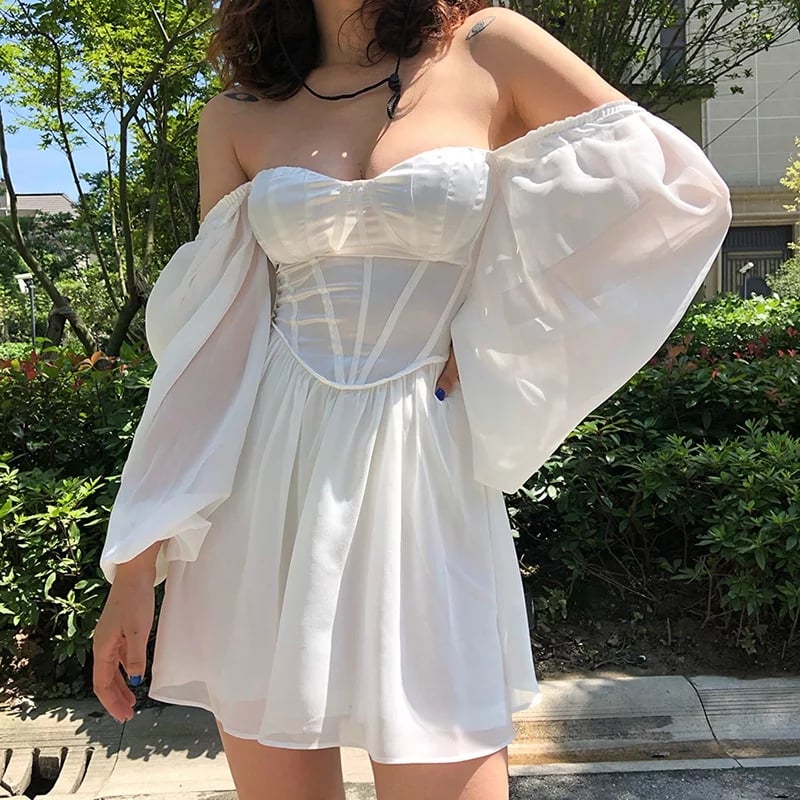 Cute White Elegant Bustier Corset Long Puff A-line Mini Dress Party Beach Summer Aesthetic Casual E-Girl Kawaii Korean Japanese Harajuku