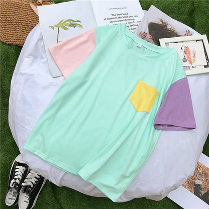 Cute Pastel Patchwork Contrast Kpop Bangtan Boys T-shirt Tee Top Korean Japanese Harajuku Chinese Retro Streetwear Aesthetic Fashion
