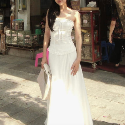 2PCS White Strapless Lace Ruffle Top + Long Skirt Set