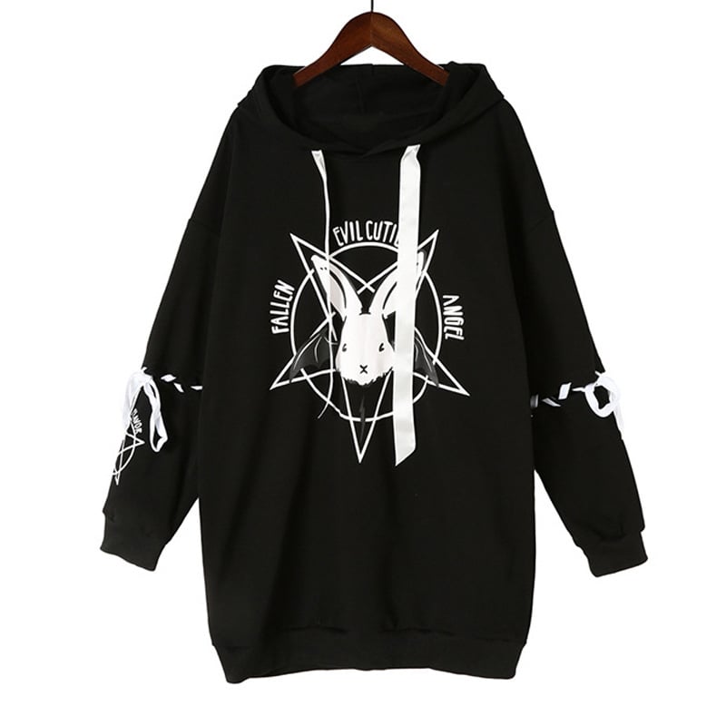 Cute Rabbit Evil Pentagon Lace Up Long Sleeve Hoodie Oversize Sweater Sweatshirt Pullover Jumper E-Girl Kawaii Korean Japanese Harajuku Streetwear