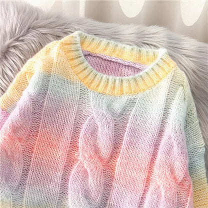 Pastel Rainbow Tie Dye Stripe Loose Oversize Knit Long Sleeve Sweatshirt Sweater Pullover Jumper E-Girl Kawaii Korean Japanese Harajuku Streetwear