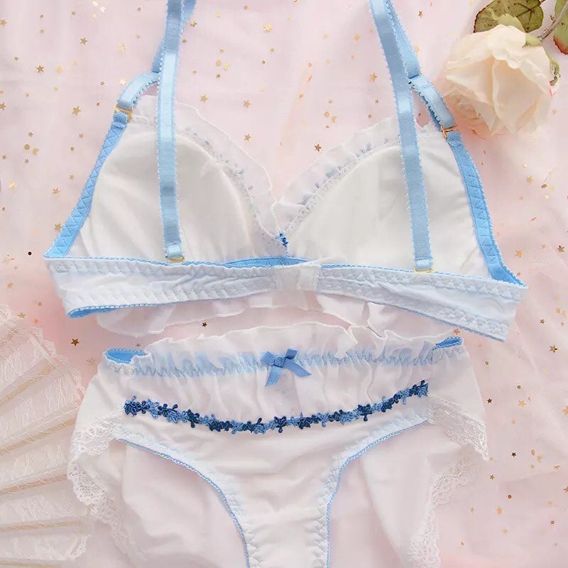 Sweet Fairy Blue Lace Bra + Panty Set Underwear Lingerie Summer Aesthetic Casual E-Girl Kawaii Korean Japanese Harajuku