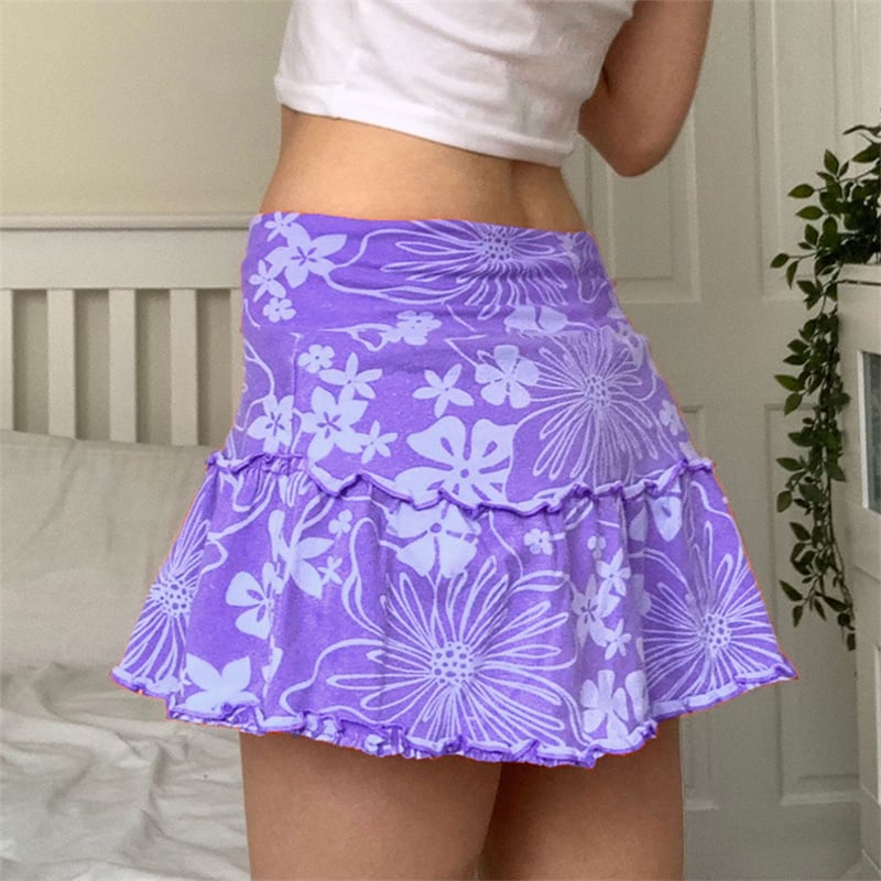 Hawaiian Hibiscus Flower High Waist Pleated Ruffle Mini Skirt