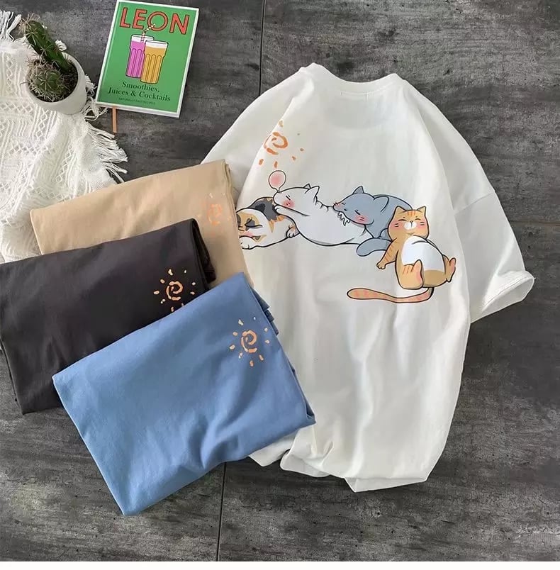 Cute Napping Cat Cartoon Print Short Sleeve Shirt Tees Aesthetic Casual Summer E-Girl Kawaii Korean Japanese Harajuku