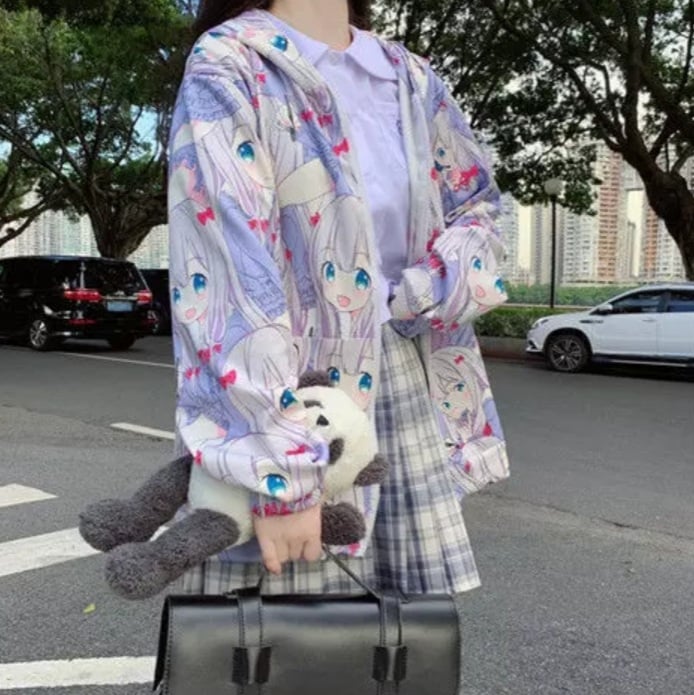 Cute Anime Girl Zip Up Hoodie Jacket Jumper Sweatshirt Long Sleeve Shirt Aesthetic Casual E-Girl Kawaii Korean Japanese Harajuku