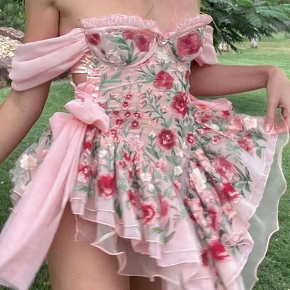 Pink Rose Lace Up Mini Dress