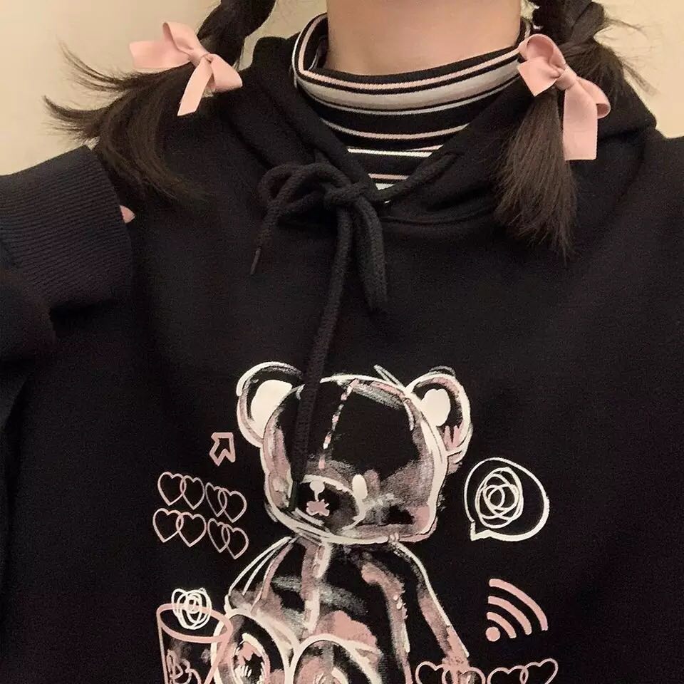 Cute Black Bear Cartoon Print Loose Long Sleeve Hoodie Sweatshirt Sweater Pullover Jumper Punk Goth E-Girl Kawaii Korean Japanese Harajuku Streetwear