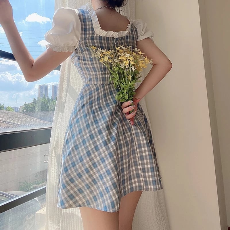Cute Sweet Plaid Patchwork Lace Up Corset Ruffle Mini A-line Dress Summer Aesthetic Casual E-Girl Kawaii Korean Japanese Harajuku