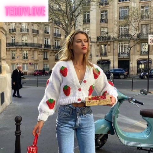 Cute White Strawberry Crochet Loose Cardigan Long Sleeve V Neck Sweater Aesthetic Casual Summer E-Girl Kawaii Korean Japanese Harajuku