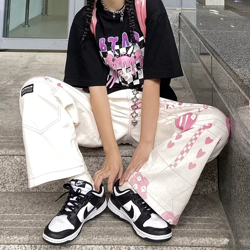 Anime Girl Print Wide Leg Pants