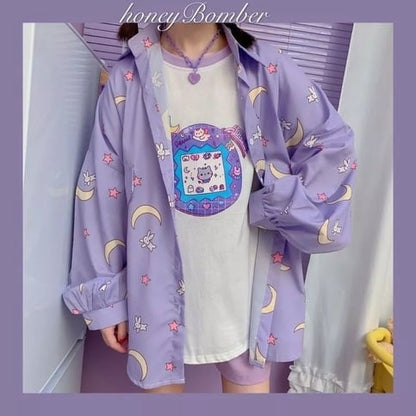 Pastel Purple Anime Star Moon Cartoon Blouse Oversized Long Sleeve Shirt Loose Button Autumn Winter E-Girl Kawaii Korean Japanese Harajuku Streetwear
