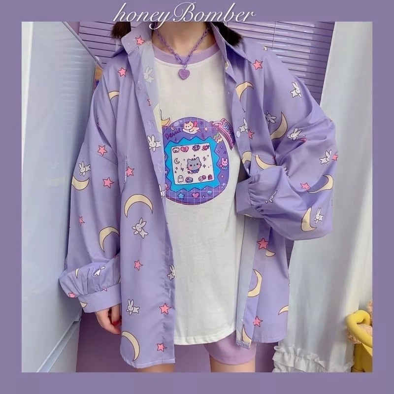 Pastel Purple Anime Star Moon Cartoon Blouse Oversized Long Sleeve Shirt Loose Button Autumn Winter E-Girl Kawaii Korean Japanese Harajuku Streetwear