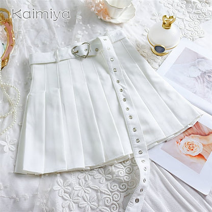 Cute Preppy Summer Pleated Heart Shape Belt High Waist Mini Skirt Bottom E-Girl Kawaii Korean Japanese Harajuku Chinese Retro Streetwear Aesthetic