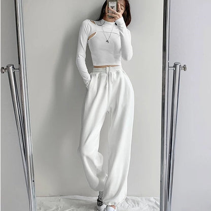 Cute 2pcs K-pop Black White Hollow Knit Long Sleeve Shirt Crop Top Fitness Streetwear Summer Aesthetic Casual E-Girl Kawaii Korean Japanese Harajuku