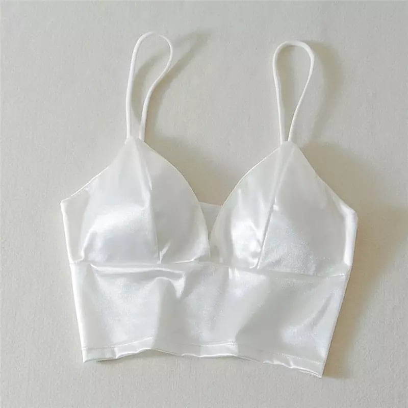 Cute Black White Shiny Silk Crop Top Sleeveless Shirt Tank Spaghetti Strap Blouse Summer Club Party E-Girl Kawaii Korean Japanese Harajuku Streetwear