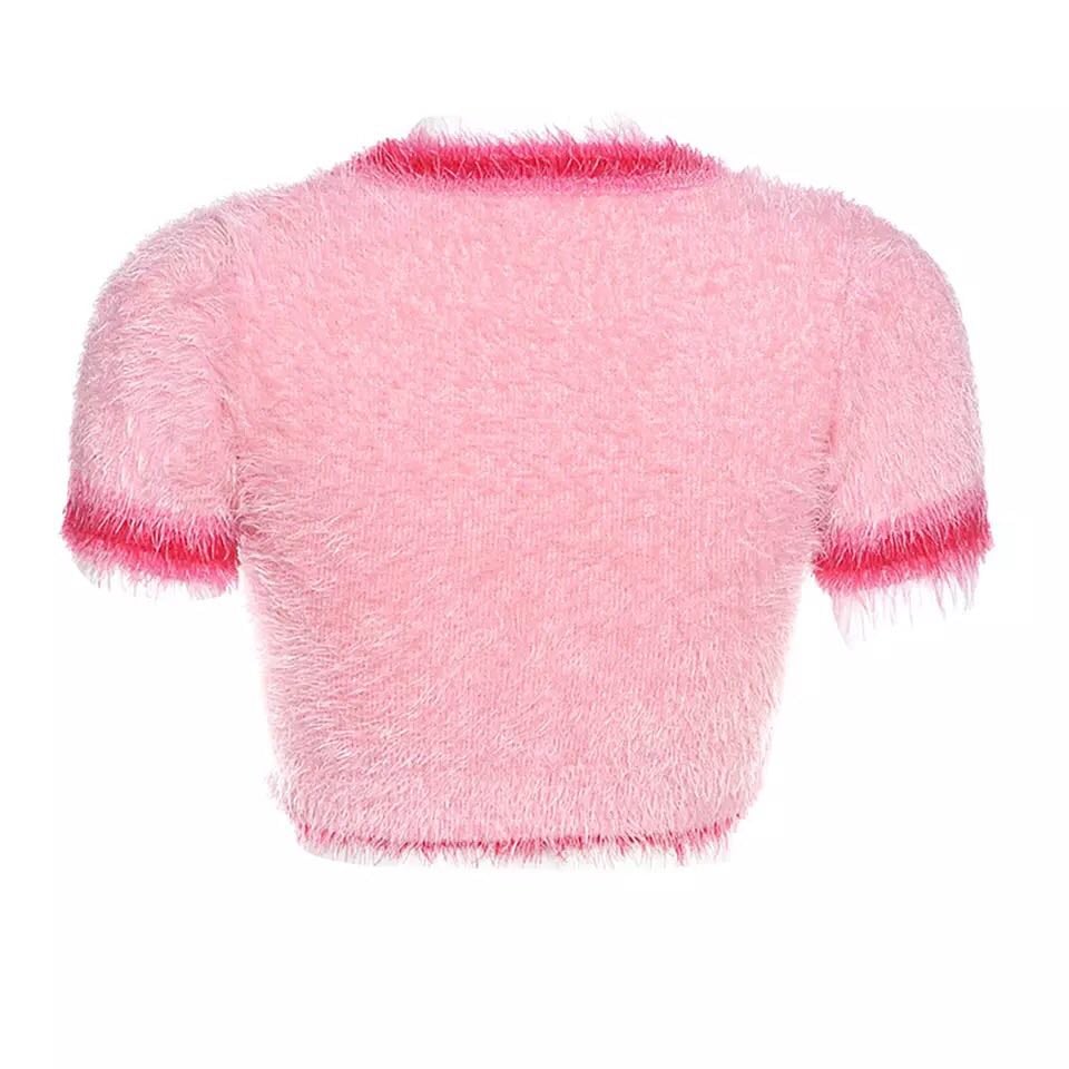 Pink Cherry Fluffy Soft Short Sleeve Shirt Crop Top Summer Aesthetic Casual E-Girl Kawaii Korean Japanese Harajuku