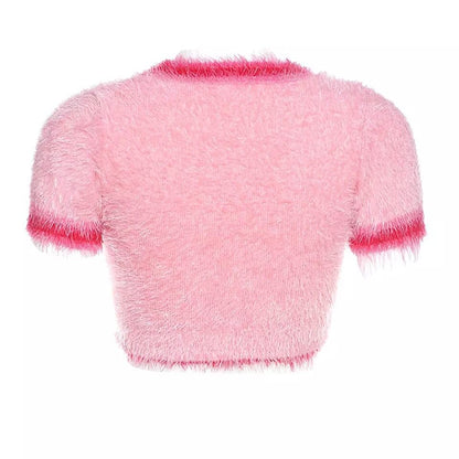 Pink Cherry Fluffy Soft Short Sleeve Shirt Crop Top Summer Aesthetic Casual E-Girl Kawaii Korean Japanese Harajuku