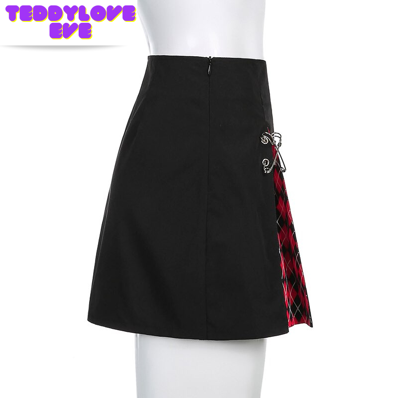 Cute Sexy Plaid Patchwork Safety Pins Black A-Line Mini High Waisted Skirt Goth Punk Club E-Girl Kawaii Korean Japanese Harajuku Streetwear