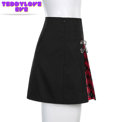 Cute Sexy Plaid Patchwork Safety Pins Black A-Line Mini High Waisted Skirt Goth Punk Club E-Girl Kawaii Korean Japanese Harajuku Streetwear