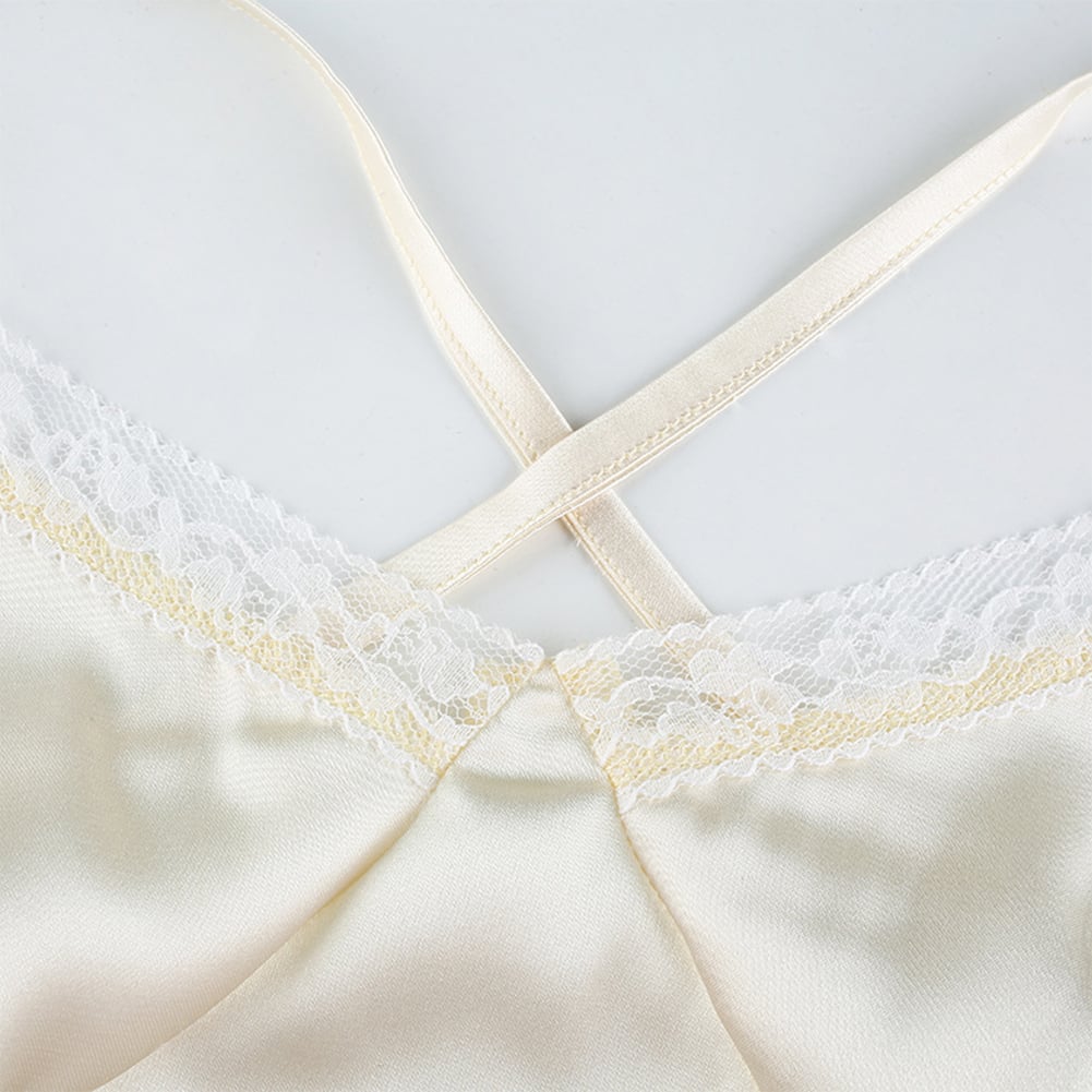 Sexy Bandage Lace Trim Sweet Satin V Neck Crop Top Camisole Spaghetti Strap Backless Shirt E-Girl Kawaii Korean Japanese Harajuku Streetwear