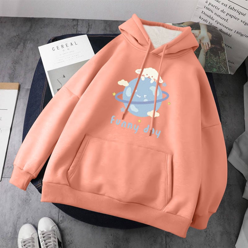 Cute Dog Poodle Earth Cartoon Print Oversized Loose Hoodie Sweater Sweatshirt Pullober Jumper Casual E-Girl Kawaii Korean Japanese Harajuku Streetwear