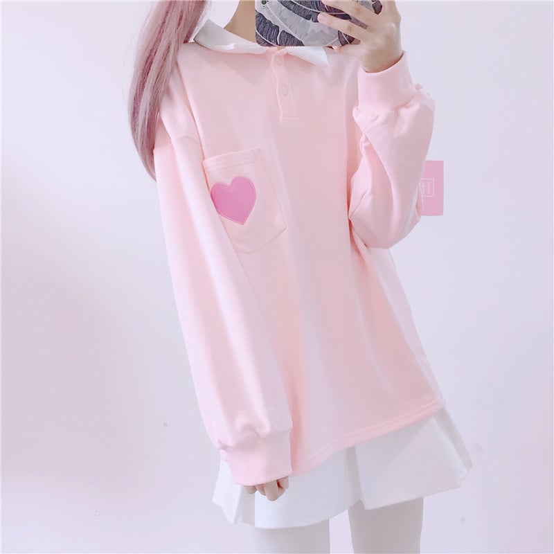 Cute Heart Embroidery Pocket Oversized Sweater Long Sleeve Shirt Pullover Hoodie Sweatshirt E-Girl Kawaii Korean Japanese Harajuku Retro Streetwear