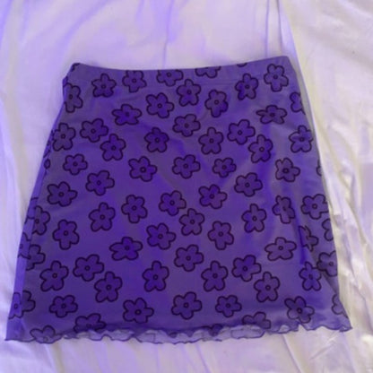 Cute Sexy 90s Boho Retro Vintage Green Flower Mesh Trim A-line Mini Skirt Bottoms Aesthetic E-Girl Kawaii Korean Japanese Harajuku Streetwear