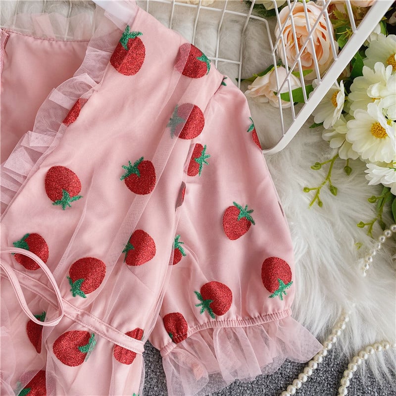 Cute Sexy Pink Strawberry Glitter Sparkle Mesh V Neck Blouse Puff Short Sleeve Shirt Summer Casual E-Girl Kawaii Korean Japanese Harajuku Streetwear