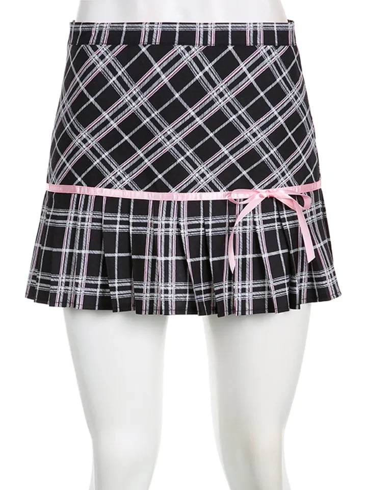 Pink Plaid Stripe Pleated High Waist Mini Skirt
