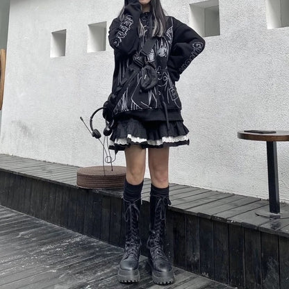 Cute Black Goth Anime Hoodie Grunge Loose Long Sleeve Shirt Aesthetic Casual E-Girl Kawaii Korean Japanese Harajuku