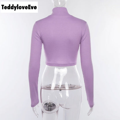 Cute Purple Knit Long Sleeve Shirt Turtleneck Sweatshirt T-shirt Top Autumn E-Girl Kawaii Korean Japanese Harajuku Streetwear