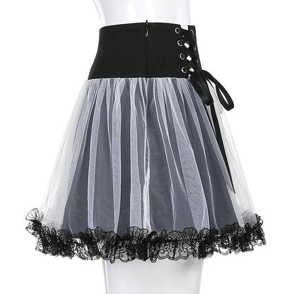 Sexy Goth Dark Punk Mesh A Line Skirt Lace Up Patchwork Ribbon Lace Trim High Waisted Summer Casual E-Girl Kawaii Korean Japanese Harajuku Streetwear