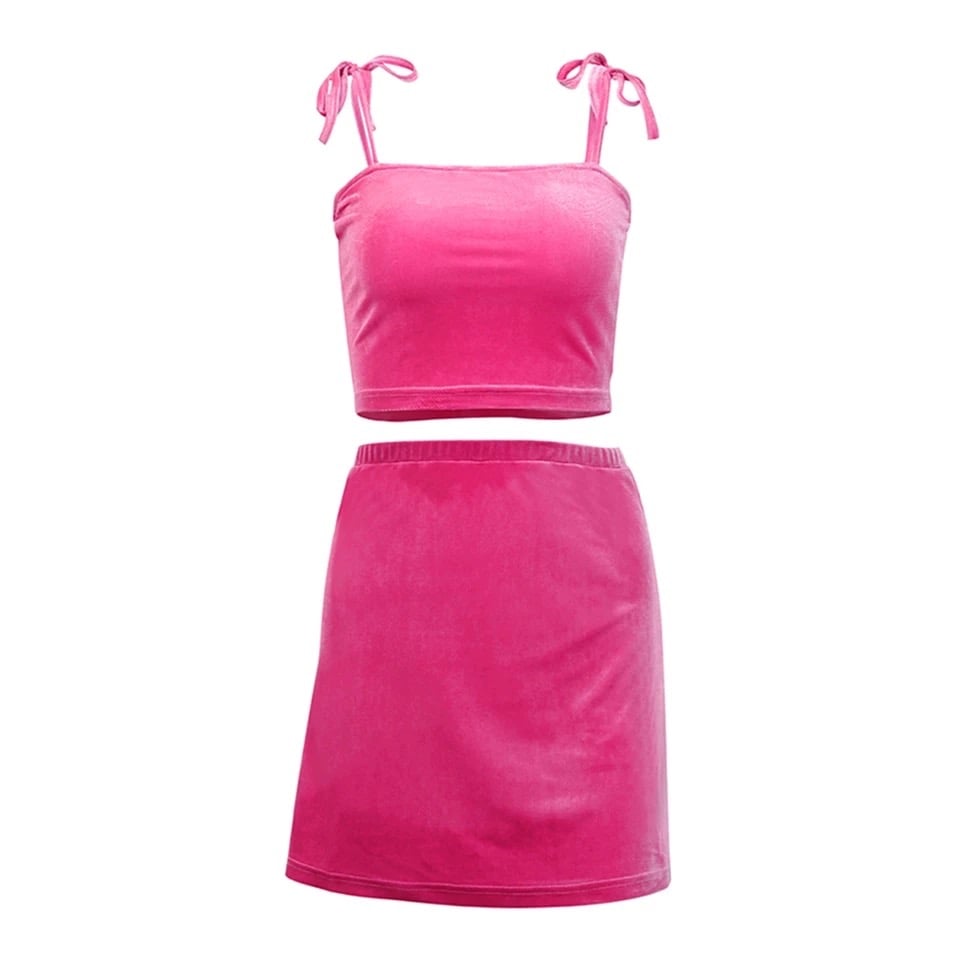 2pcs Set Velvet Crop Top Summer Tube Top Neon Split Mini Skirt Club Party Dress E-Girl Kawaii Korean Japanese Harajuku Retro Streetwear Aesthetic