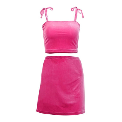 2pcs Set Velvet Crop Top Summer Tube Top Neon Split Mini Skirt Club Party Dress E-Girl Kawaii Korean Japanese Harajuku Retro Streetwear Aesthetic
