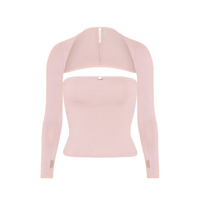 2PCS Pink Tube Top + Long Sleeve Cropped Shawl