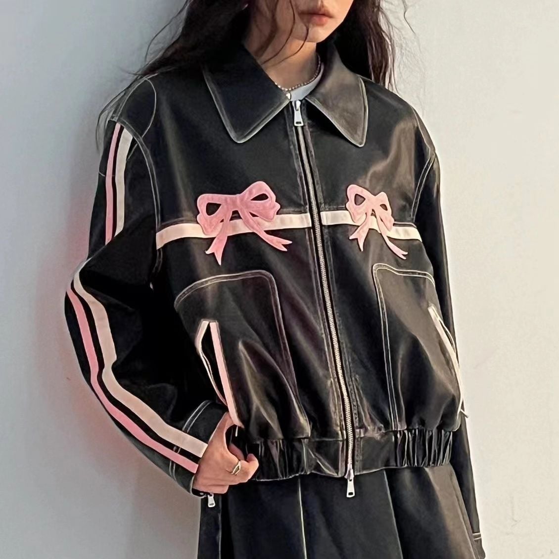 Bow Knot PU Leather Bomber Jacket