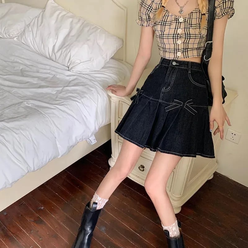 Denim Bow Pleated Mini Skirt