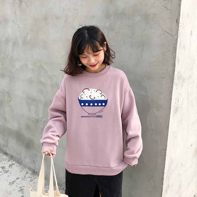 Dumpling Ramen Food Cartoon Print Loose Oversized Long Sleeve Sweatshirt Sweater Pullover Causal E-Girl Kawaii Korean Japanese Harajuku Streetwear